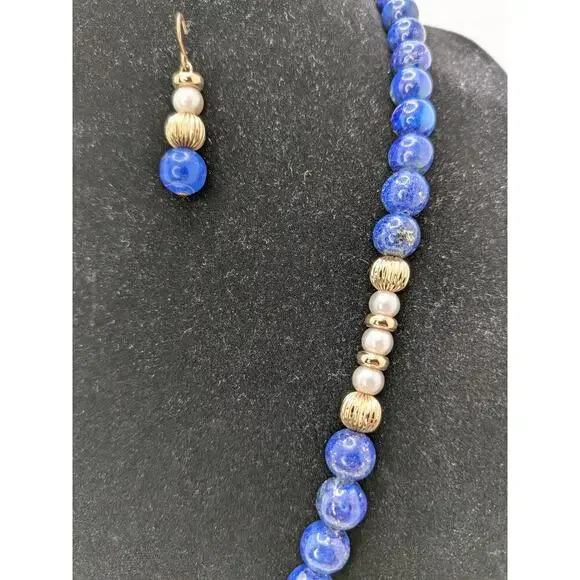 Blue Lapis Vintage Necklace Bracelet and Earring Suite with Gold Beads & Pearls - Picture 3 of 7